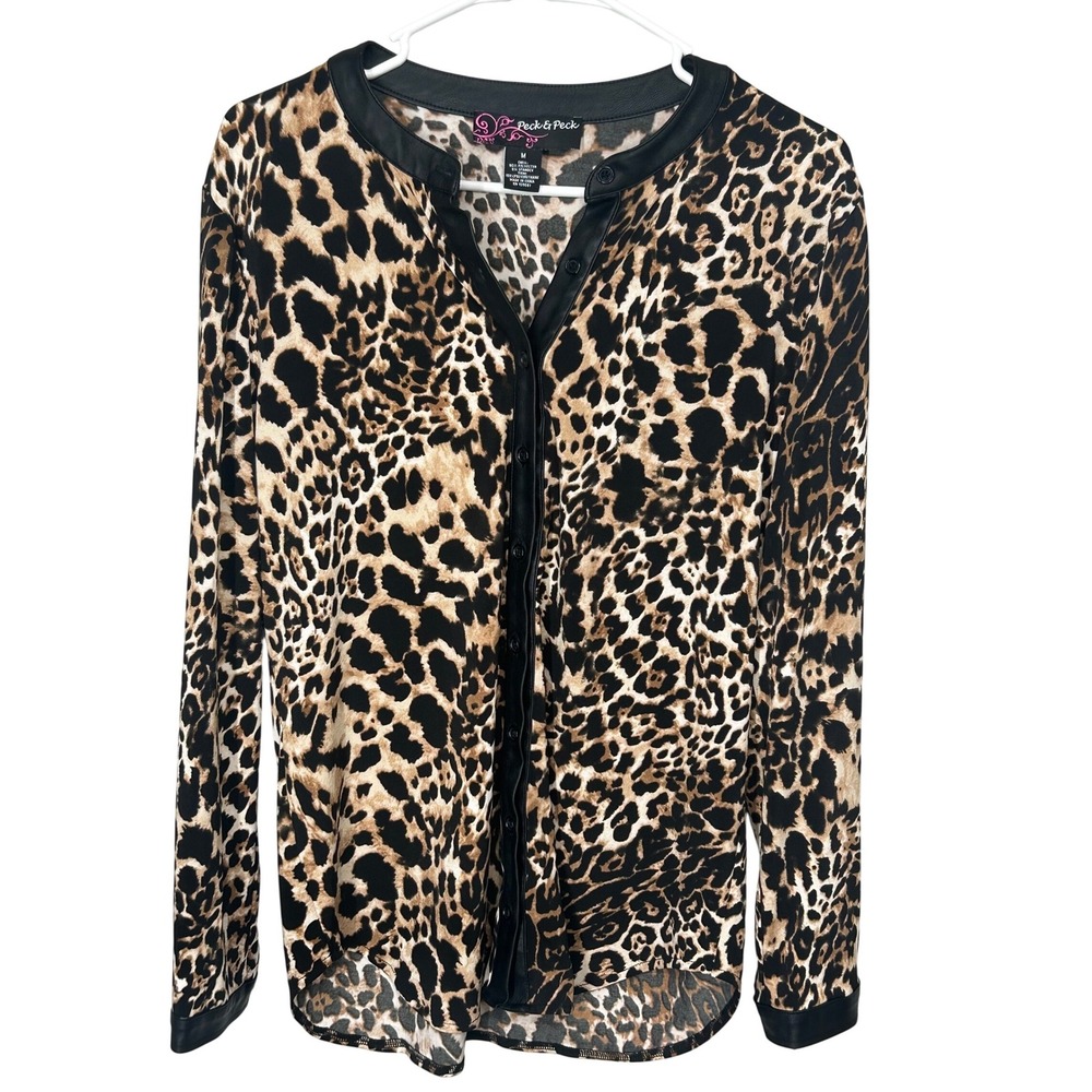 Peck & Peck Button Up Animal Print Blouse‎ Unique Trim Women's Size Medium